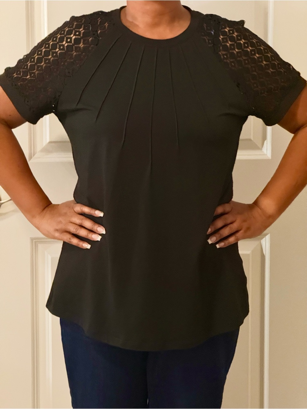 Amazon Black Lace-Sleeve Pleated Top
